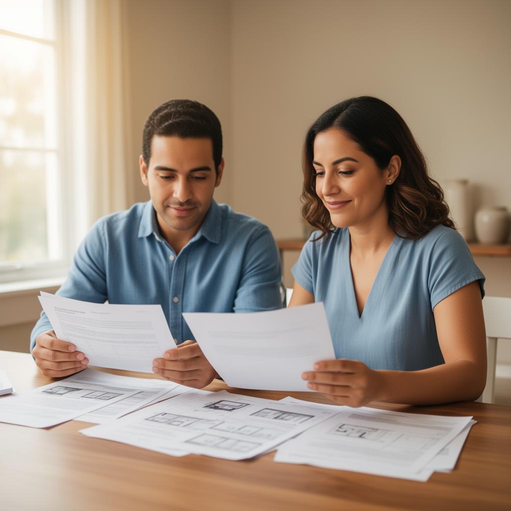 Pareja revisando documentos para un crédito hipotecario