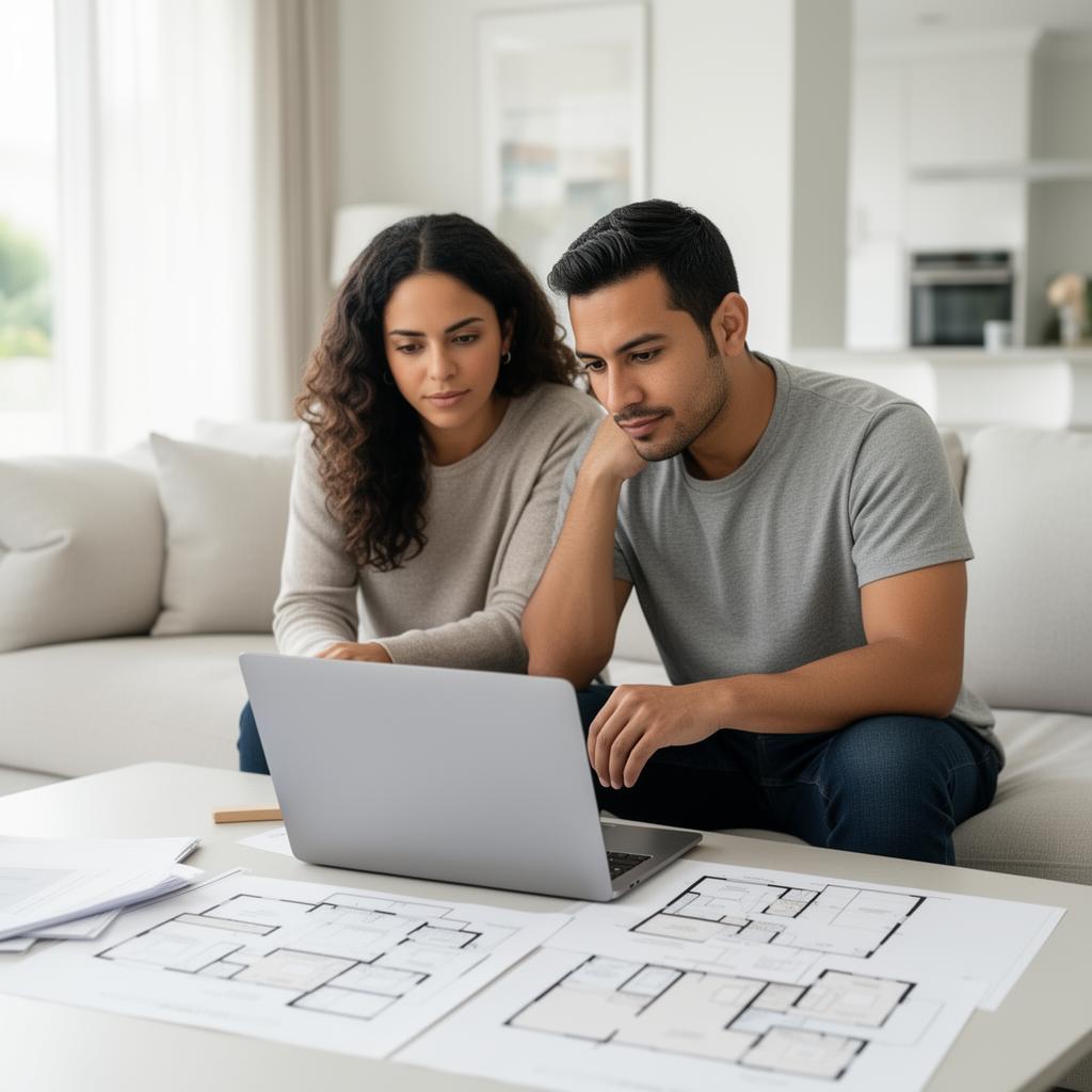 Pareja comparando opciones de vivienda con laptop y planos