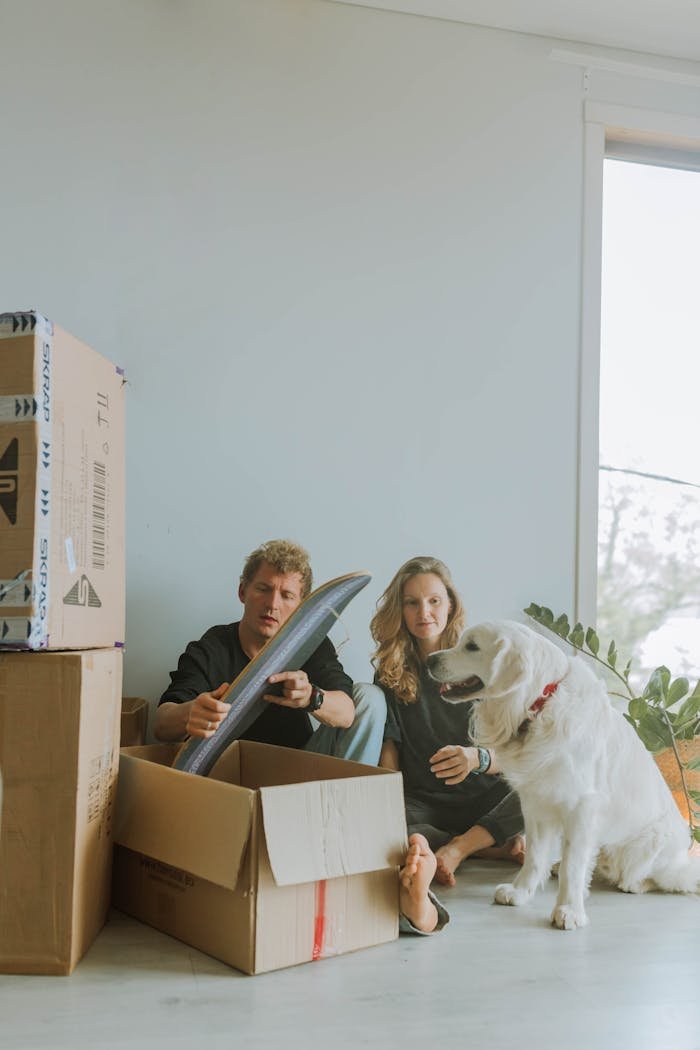 Couple sits among boxes with their dog in a new home. Bright light fills the space.
